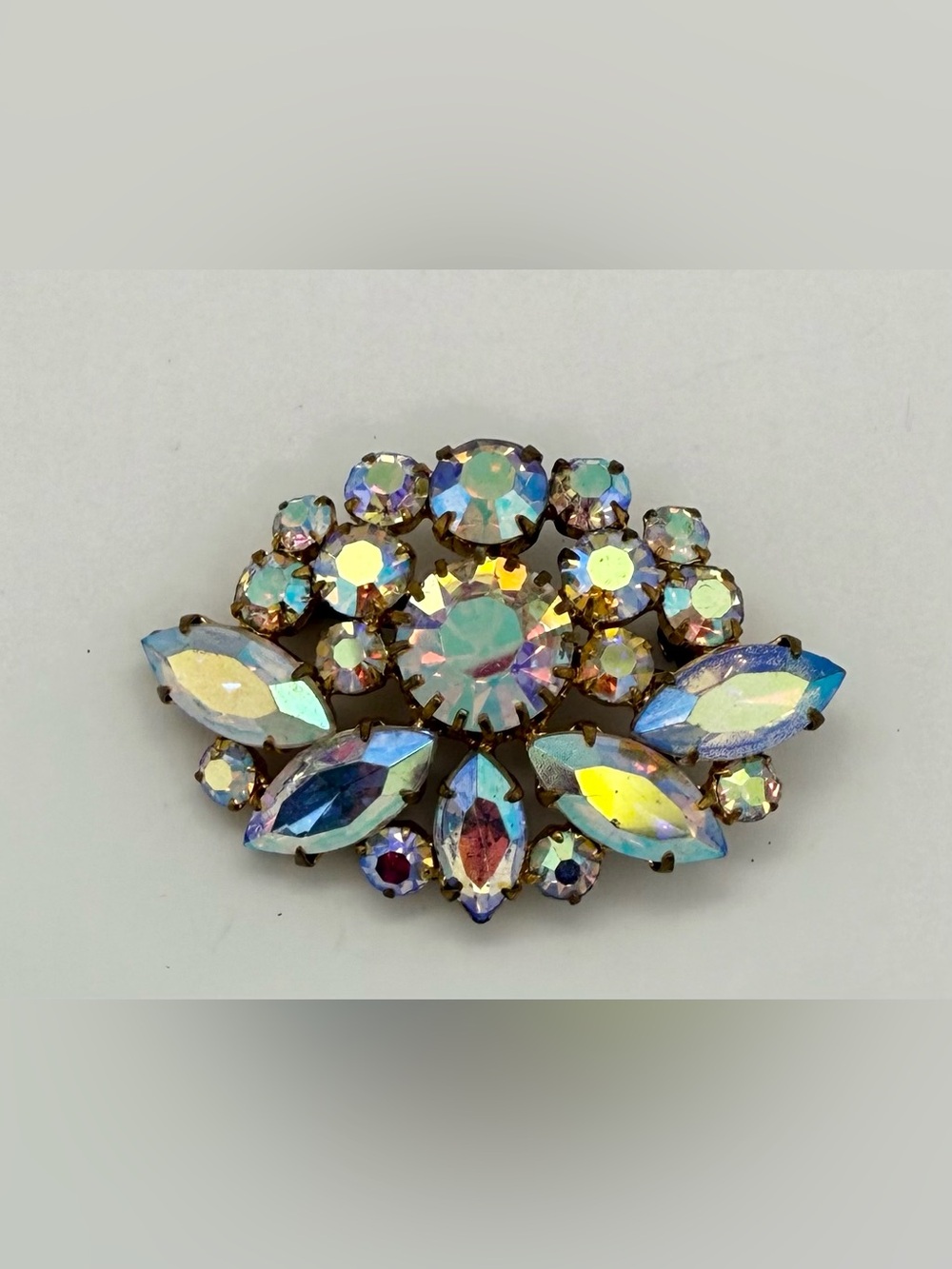Vintage Auora Borealis AB Iridescent Czech Crystal Rhinestone Floral Brooch